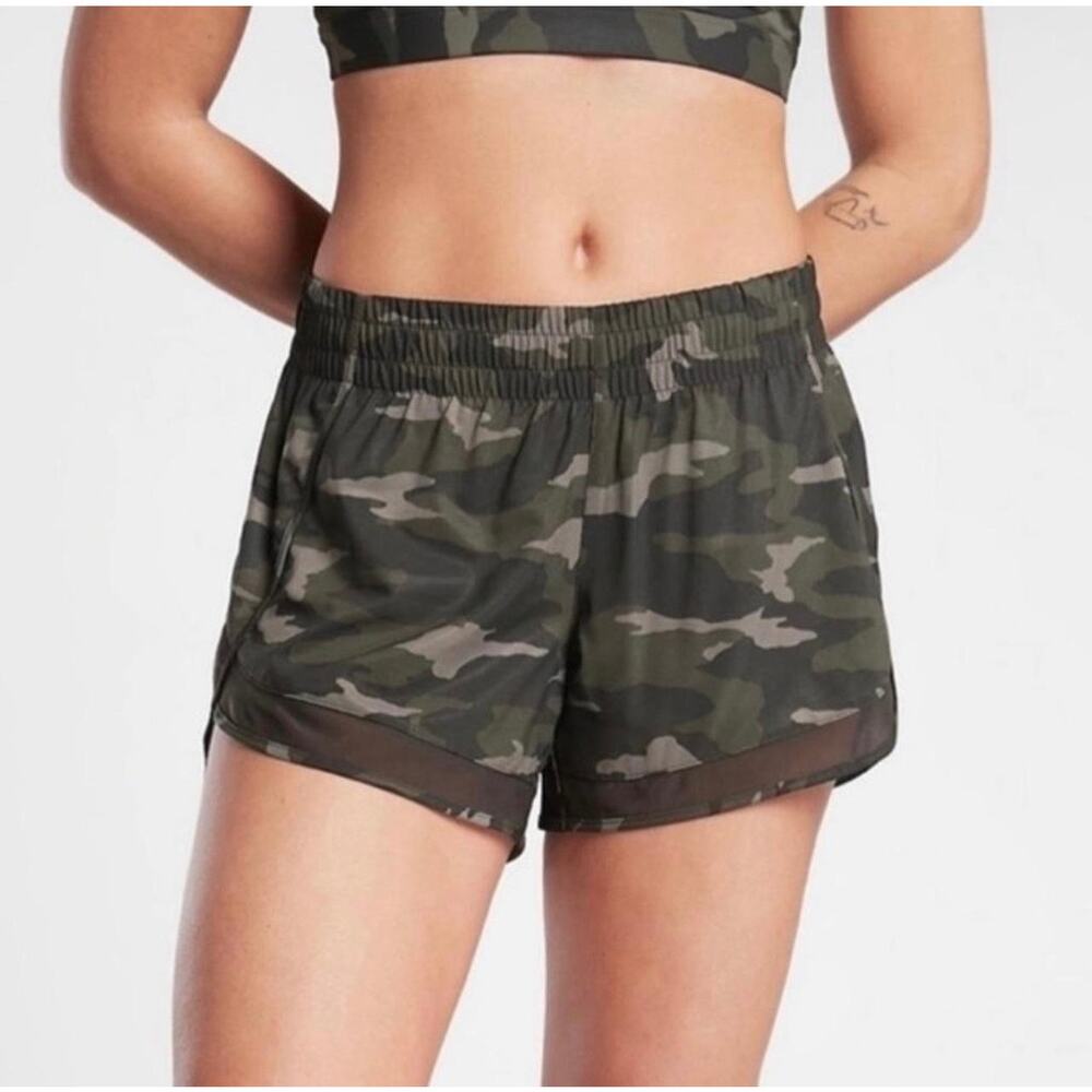 NWOT Athleta Mesh Racer Run Shorts Green Gray Camo Athletic Shorts Size 1X